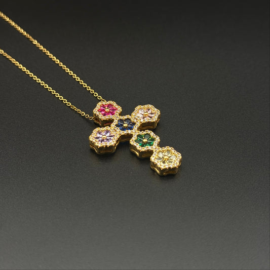 Gold Narciso Multicolor Shiny Cross Necklace
